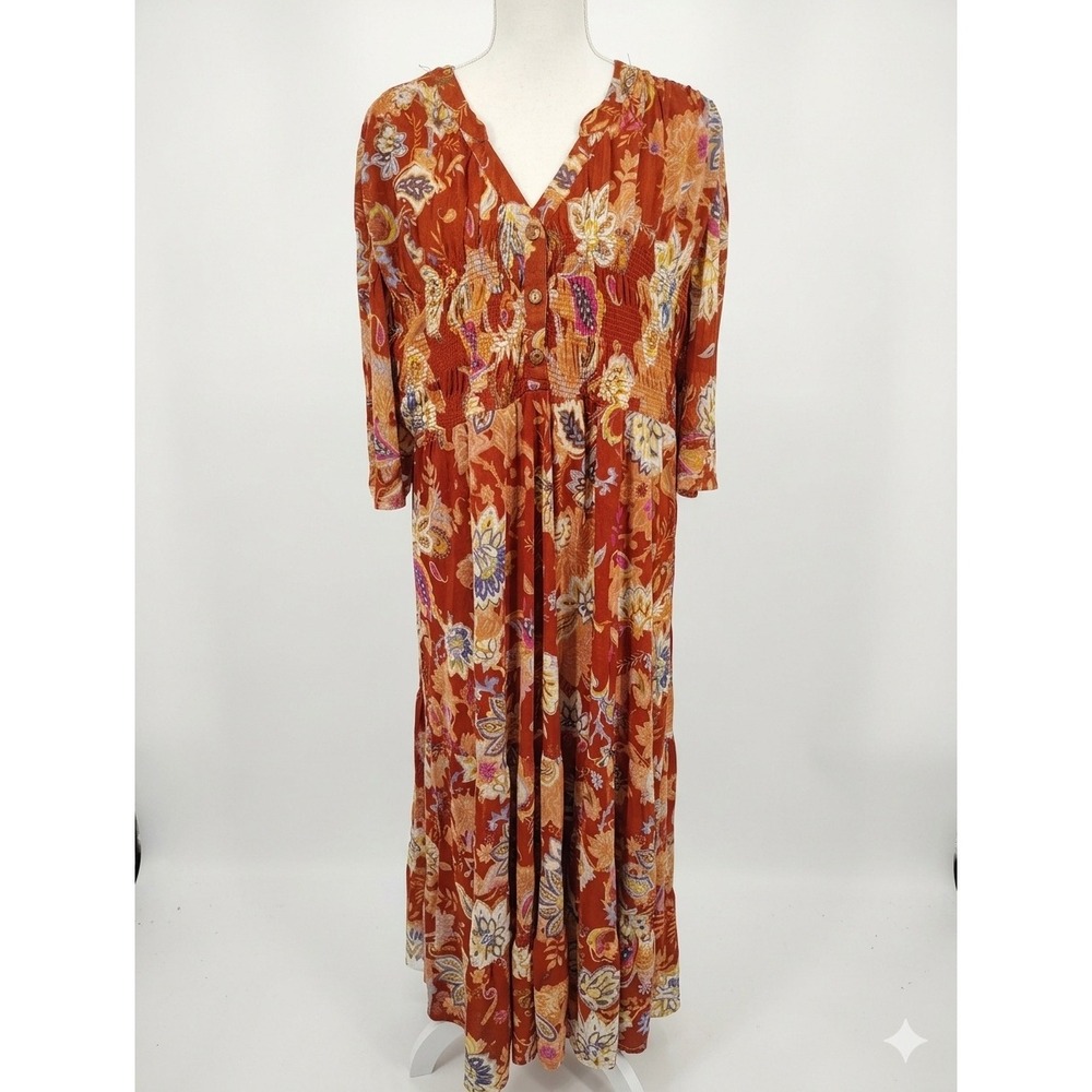 Cactus + Pearl Rust Floral Paisley Mesh Maxi Dress XXL Boho Smocked Button Front
